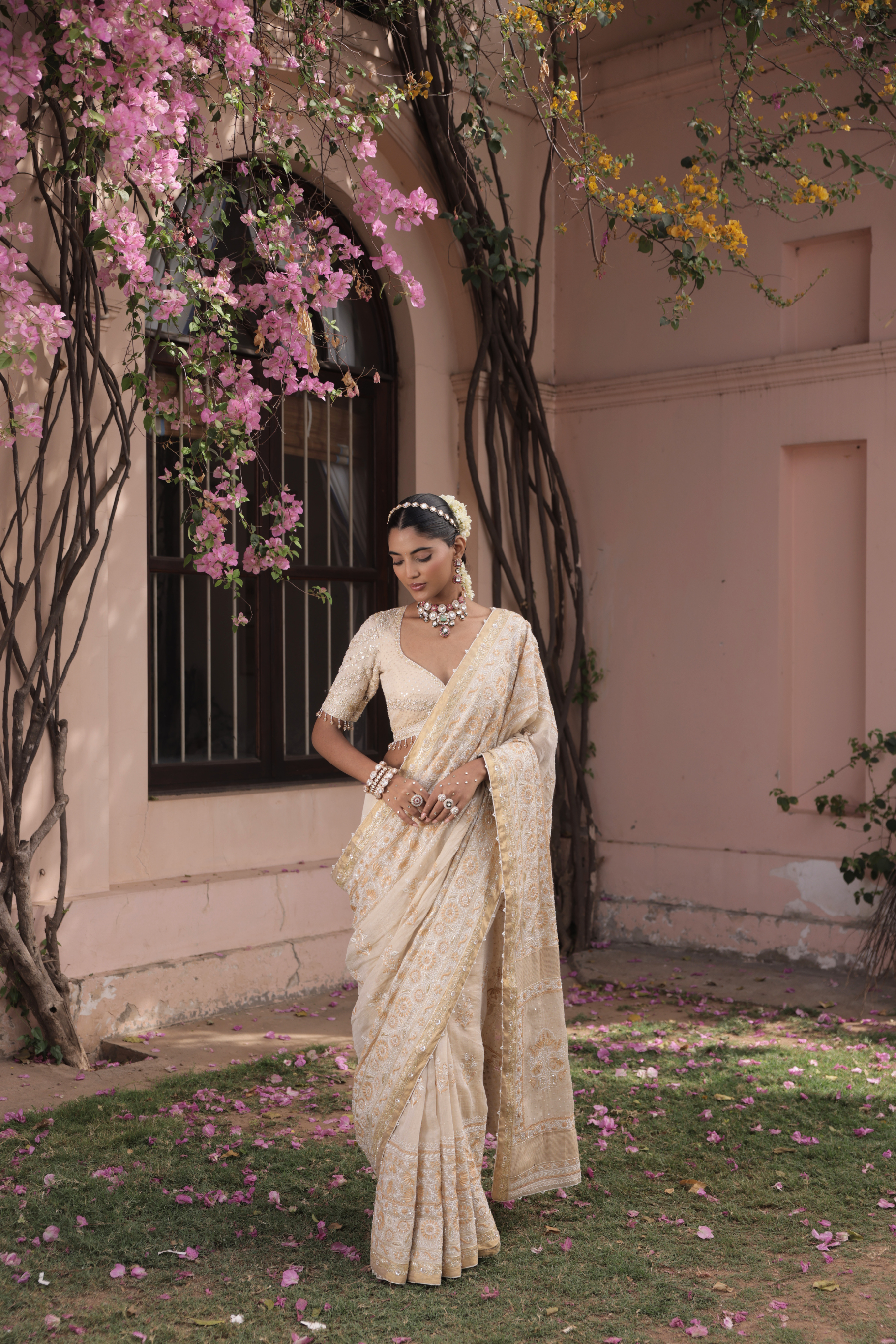 Pure and Premium Gold Tissue Chikankari Saree and Blouse