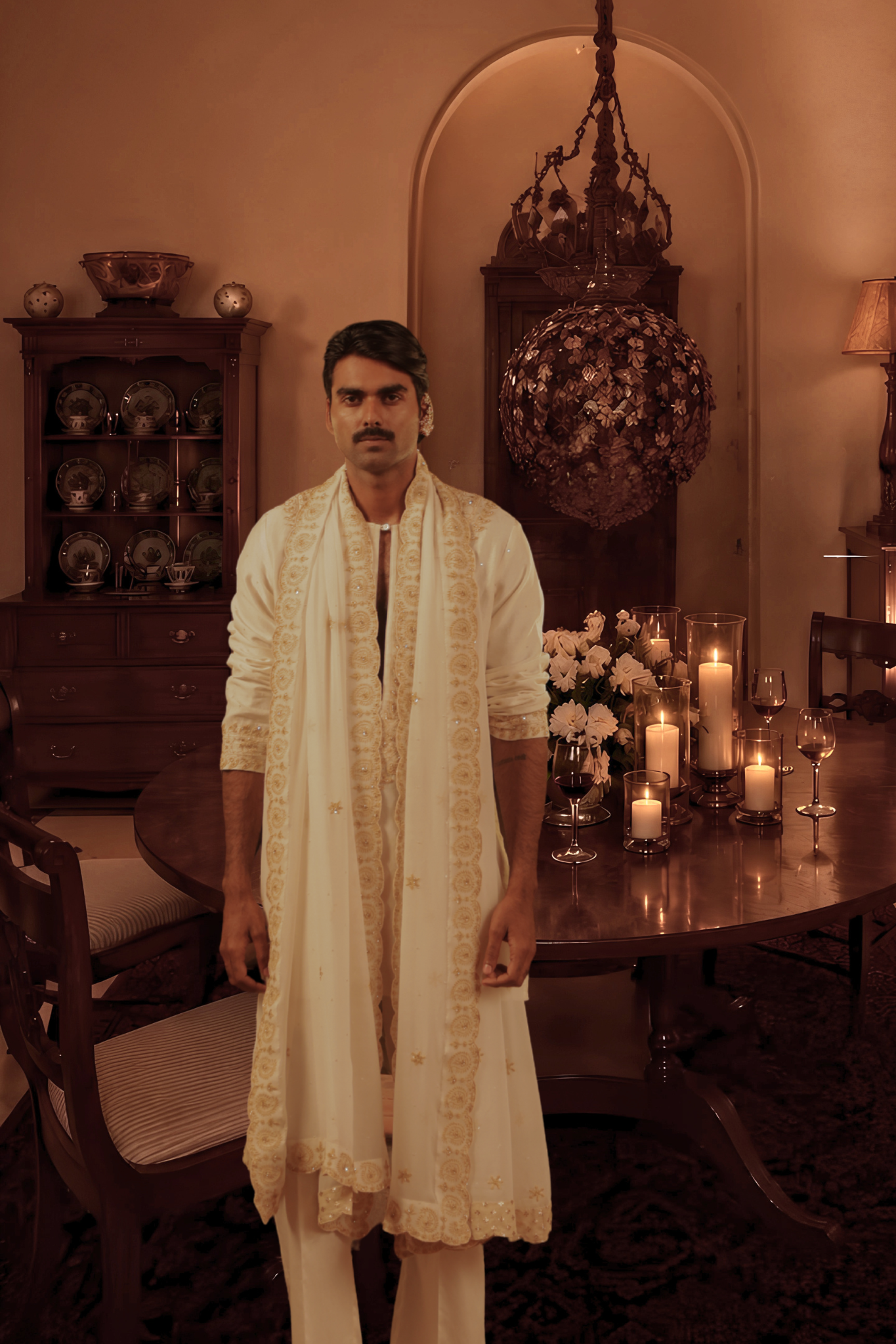 Ivory Chanderi Men's Chikankari Kurta Set and stole