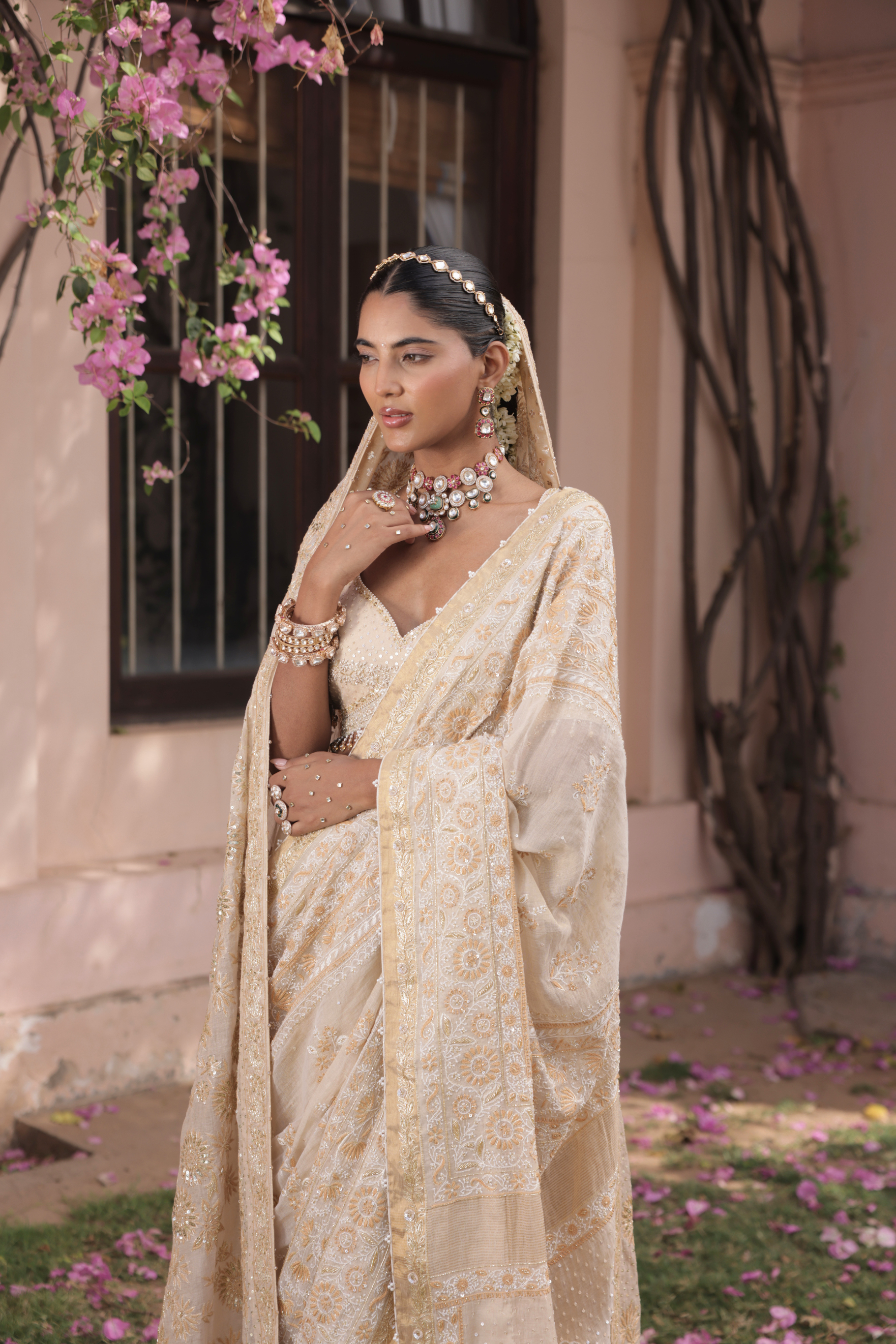 Pure and Premium Gold Tissue Chikankari Saree and Blouse