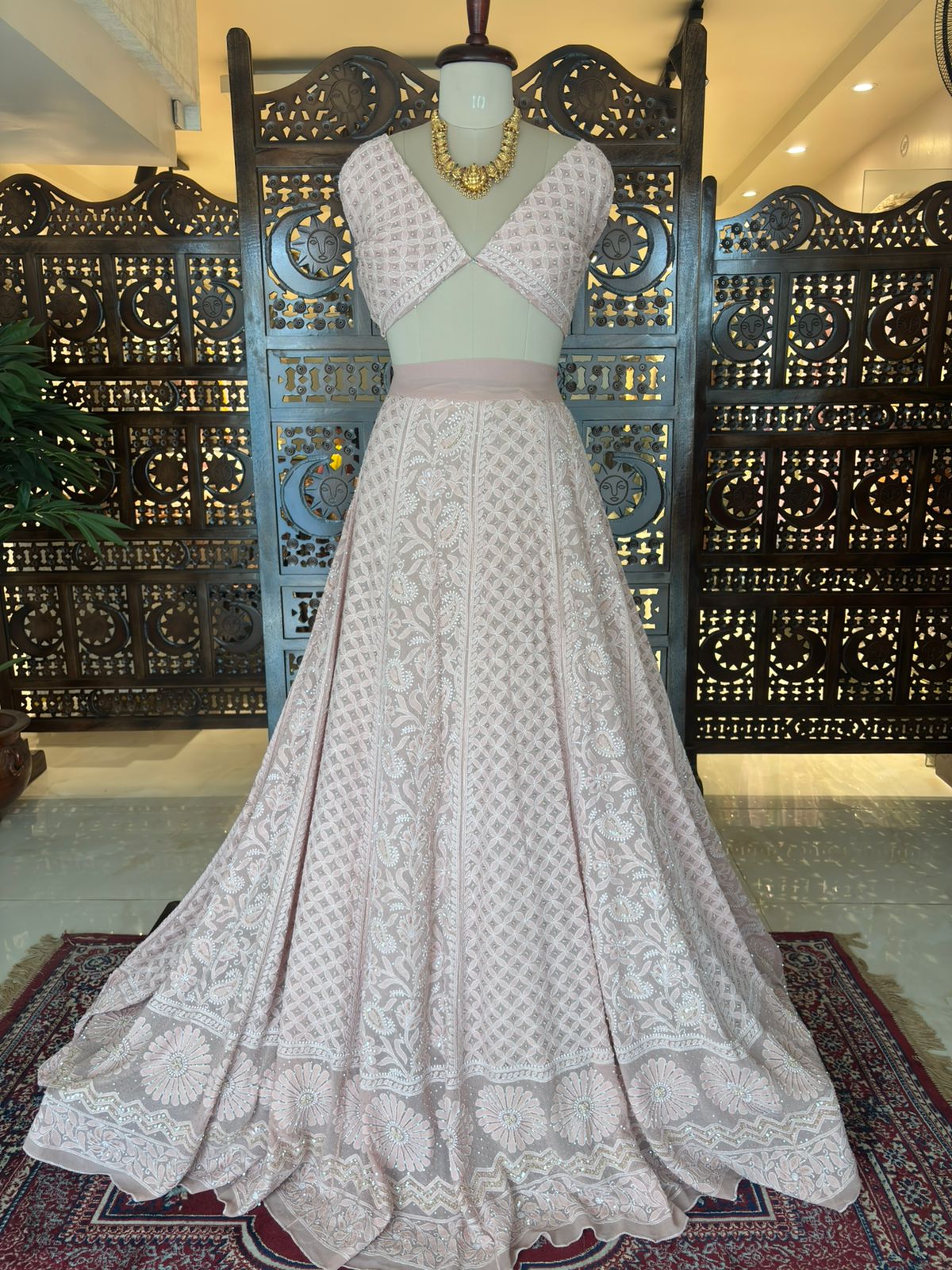 Dusty Rose Pure & Premium Georgette Lehenga Set - Pleats PleaseChikankari