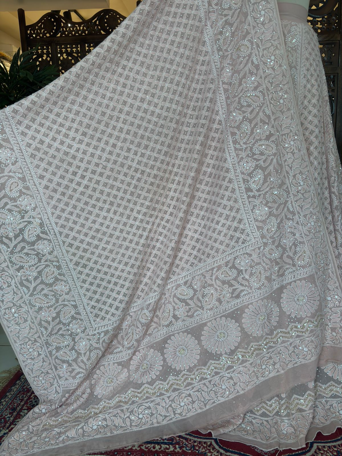 Dusty Rose Pure & Premium Georgette Lehenga Set - Pleats PleaseChikankari