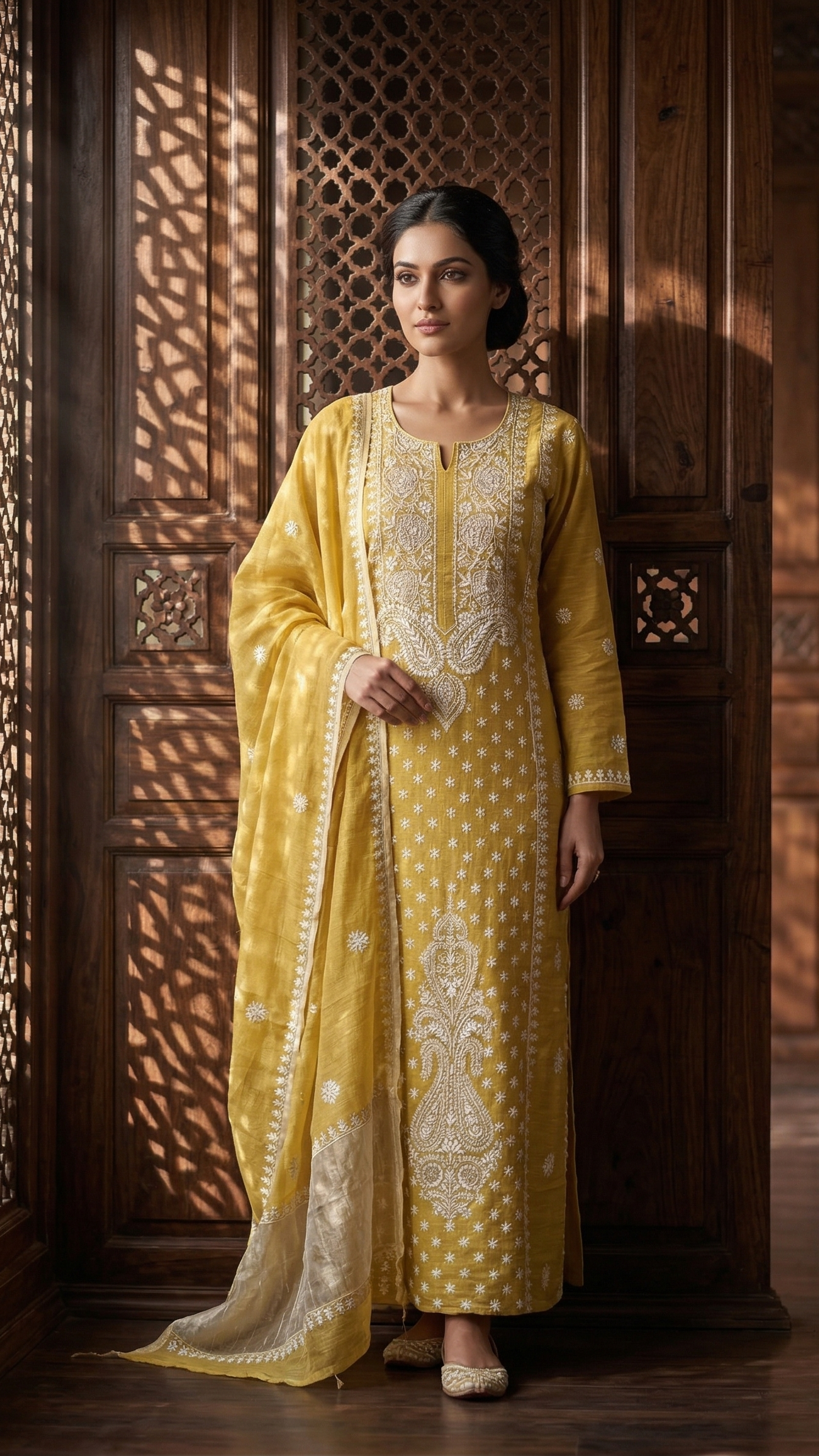 Yellow Pure & Premium Tissue Chikankari Kurta & Dupatta