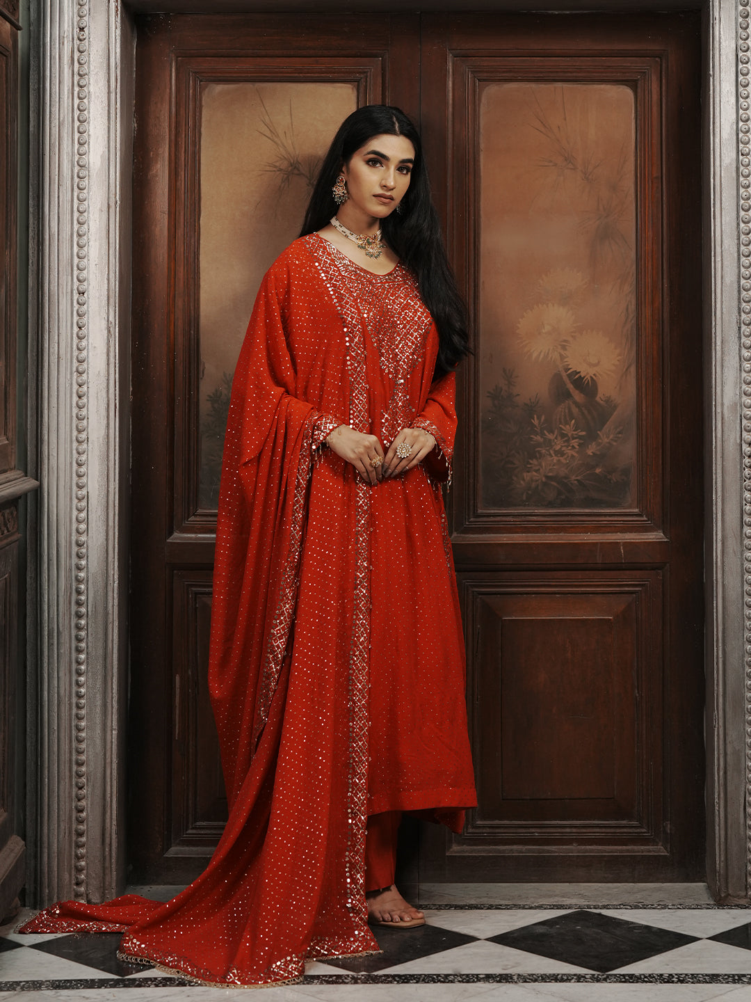 Red Pure & Premium Chiffon Mukaish Kurta Set