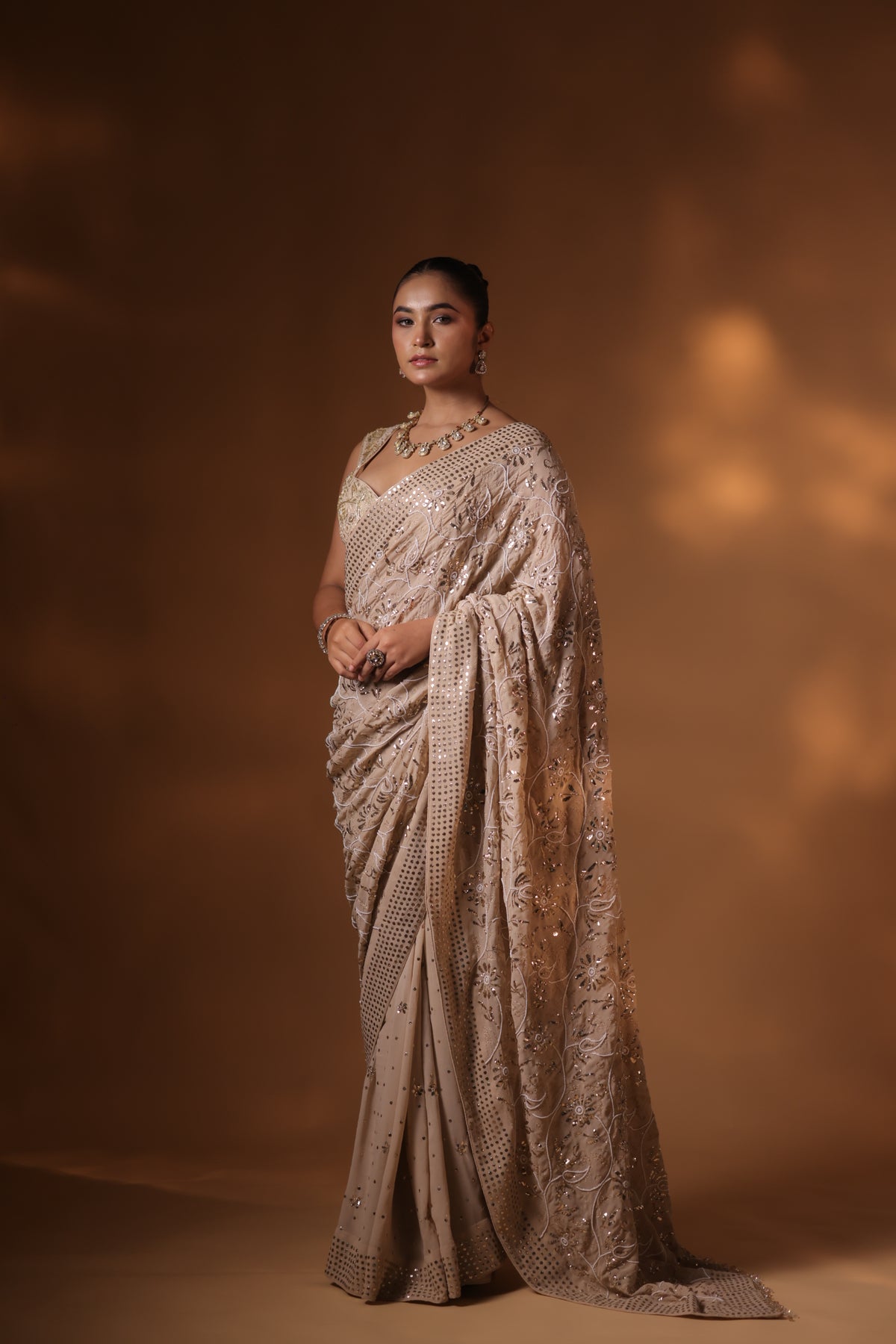 Champagne Beige Mukaish Saree