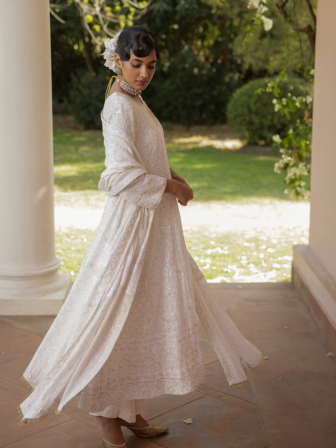 Ivory Pure & Premium Georgette Chikan Mukaish Anarkali & Dupatta
