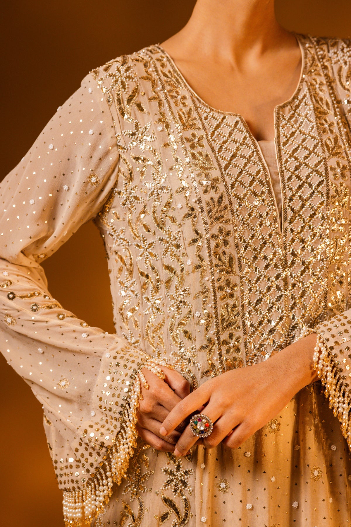 Champagne Beige Mukaish & Zardozi Anarkali Set