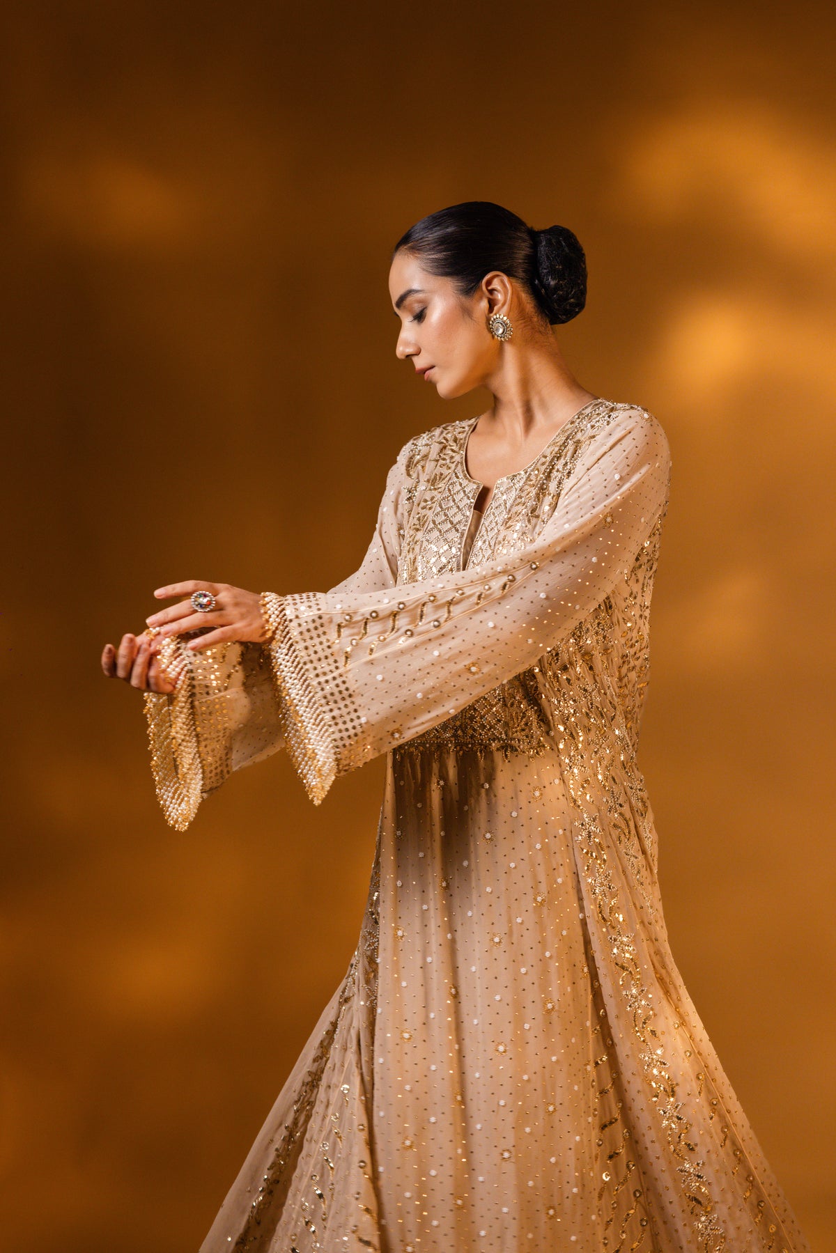 Champagne Beige Mukaish & Zardozi Anarkali Set