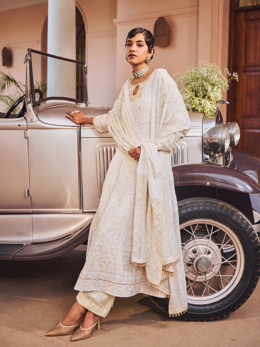 Ivory Pure & Premium Georgette Chikan Mukaish Anarkali & Dupatta