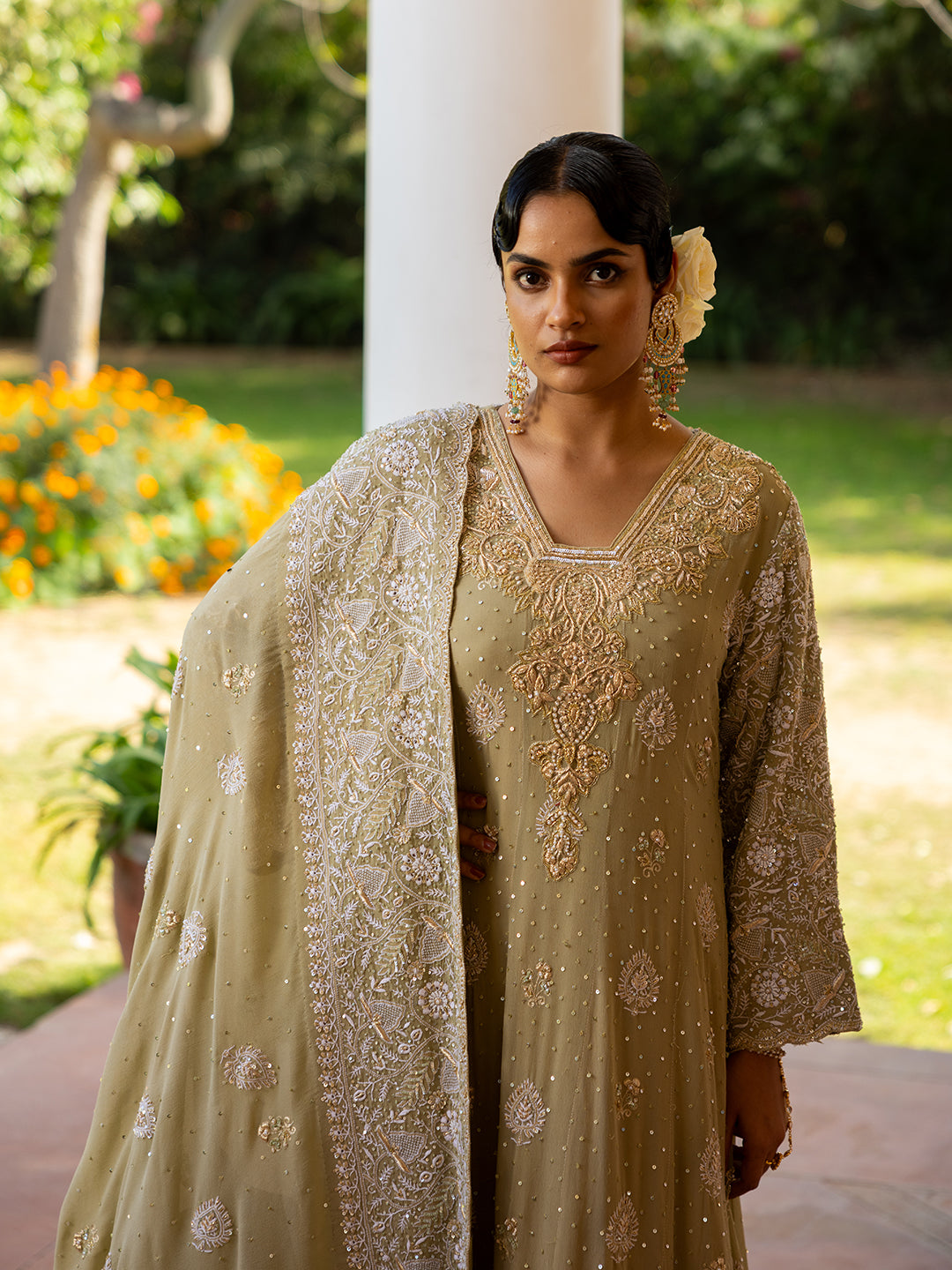 Muted Ochre Pure & Premium Georgette Chikankari Anarkali & Dupatta