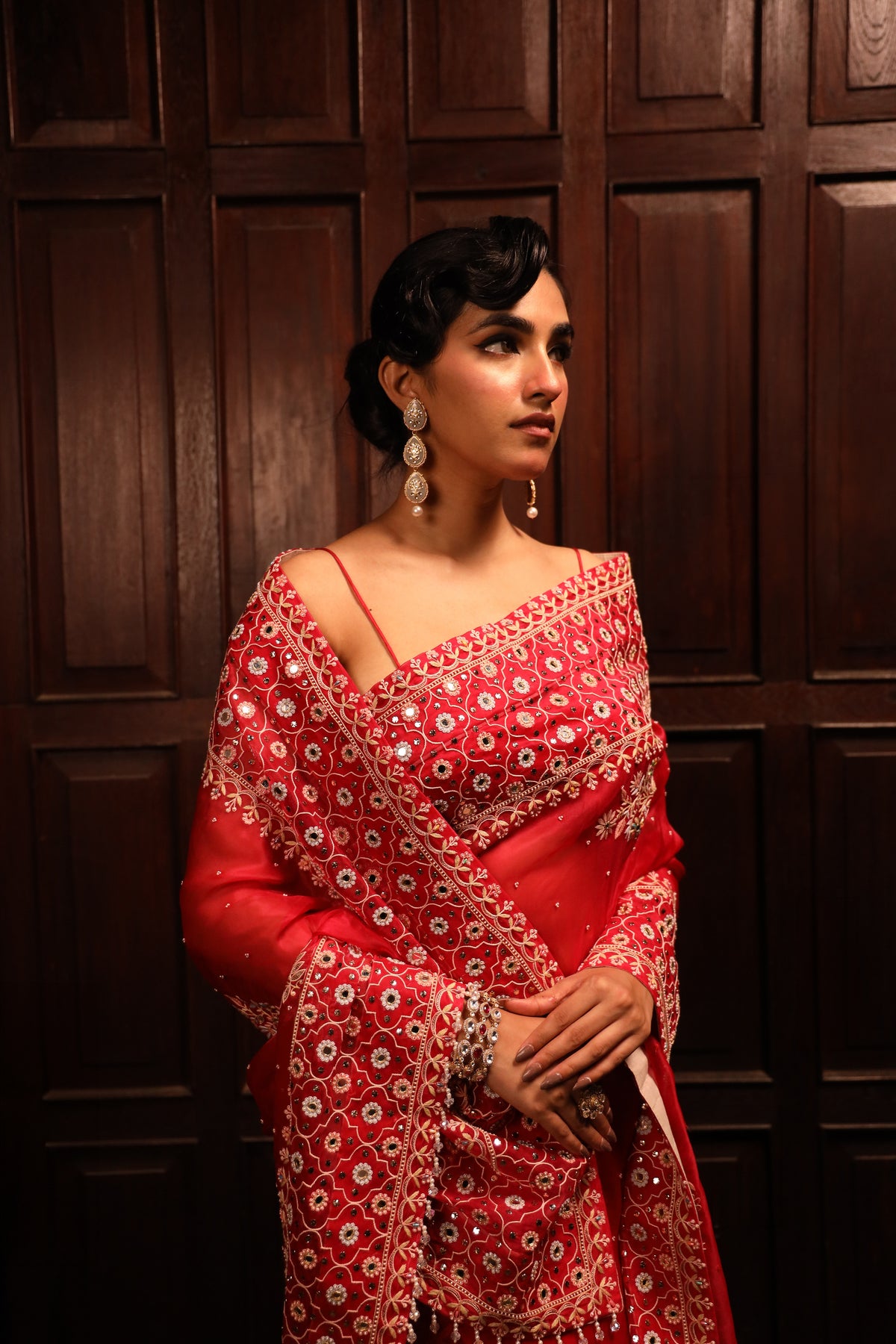 Red Organza Mirror Chikankari Saree