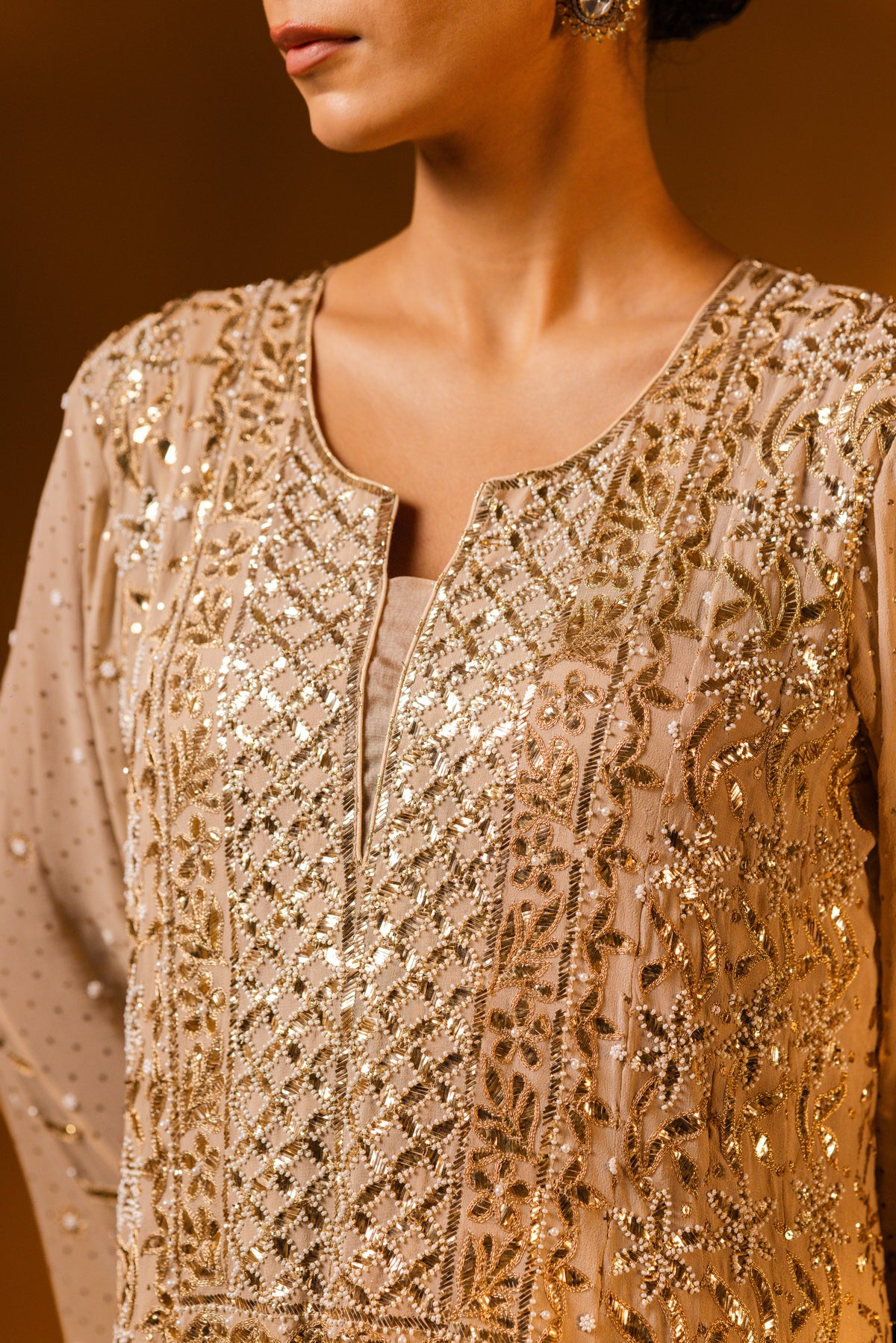 Champagne Beige Mukaish & Zardozi Anarkali Set