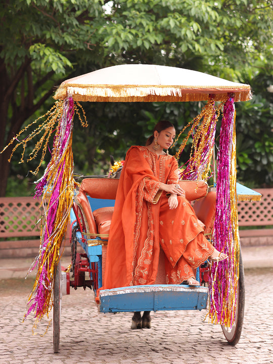 Burnt Orange Chanderi Silk Chikankari Kurta Bottom with Organza Dupatta