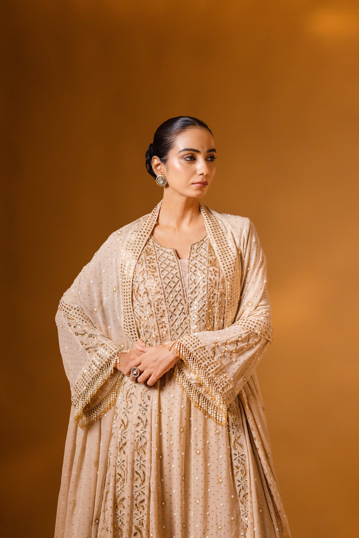 Champagne Beige Mukaish & Zardozi Anarkali Set