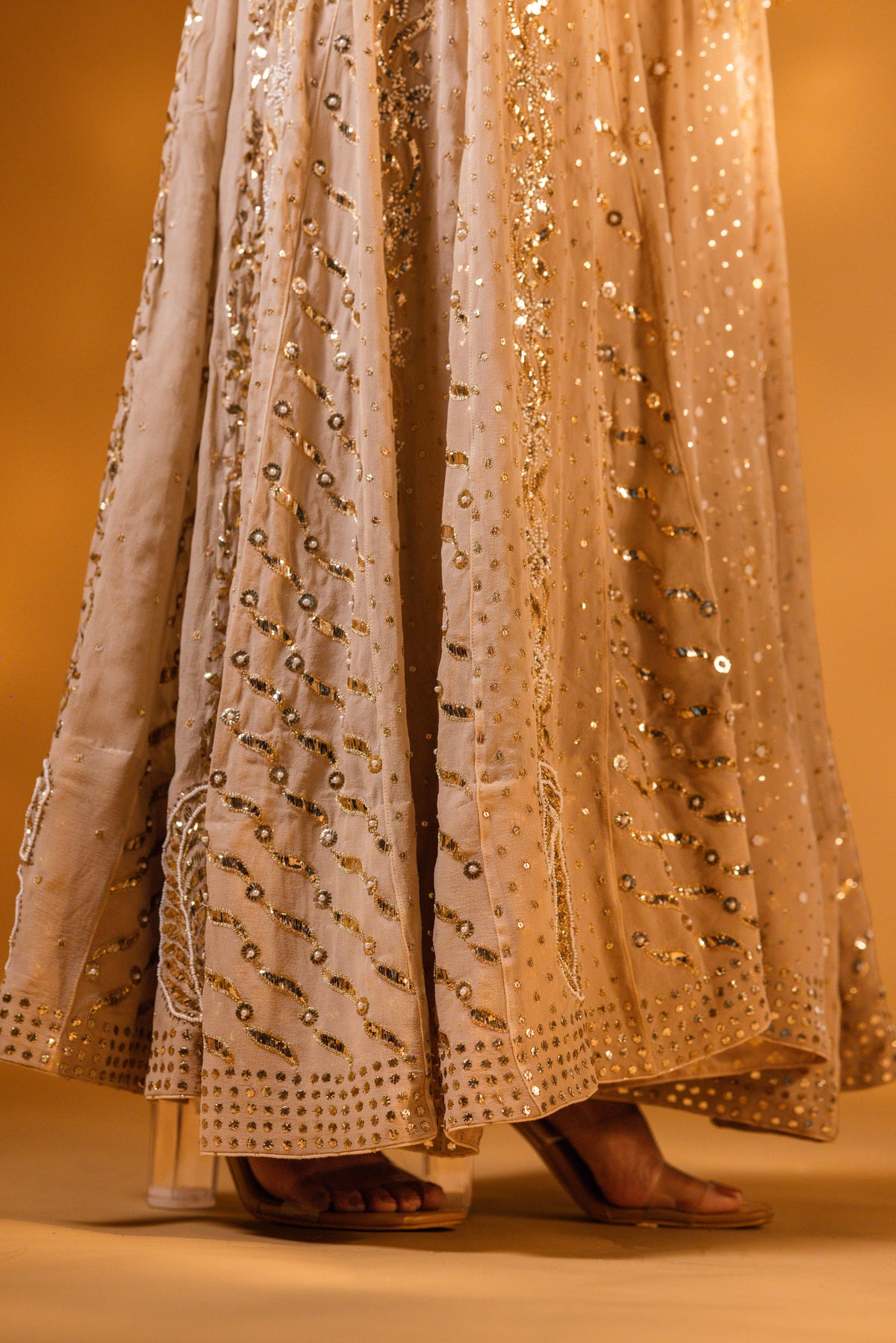 Champagne Beige Mukaish & Zardozi Anarkali Set