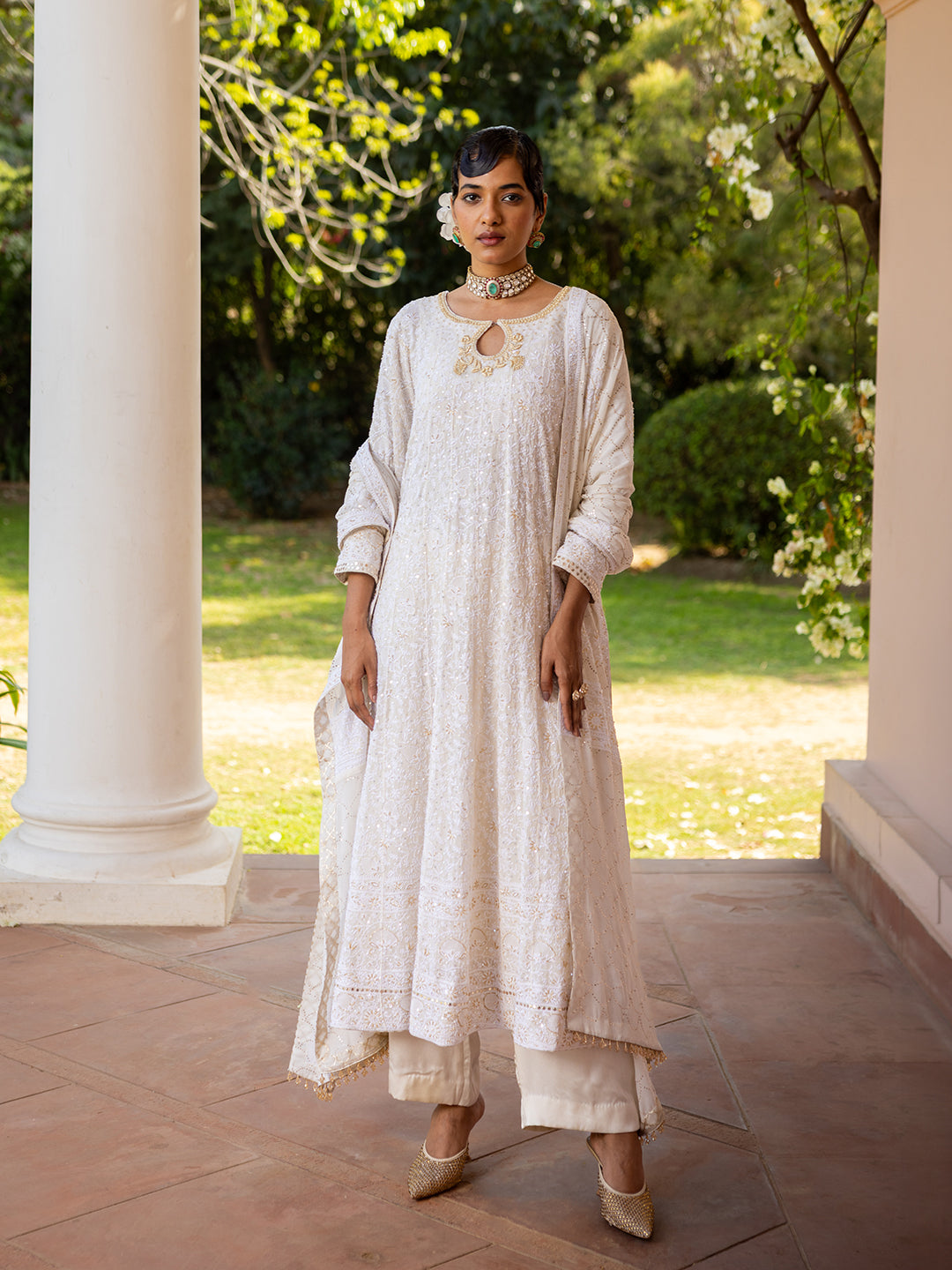 Ivory Pure & Premium Georgette Chikan Mukaish Anarkali & Dupatta