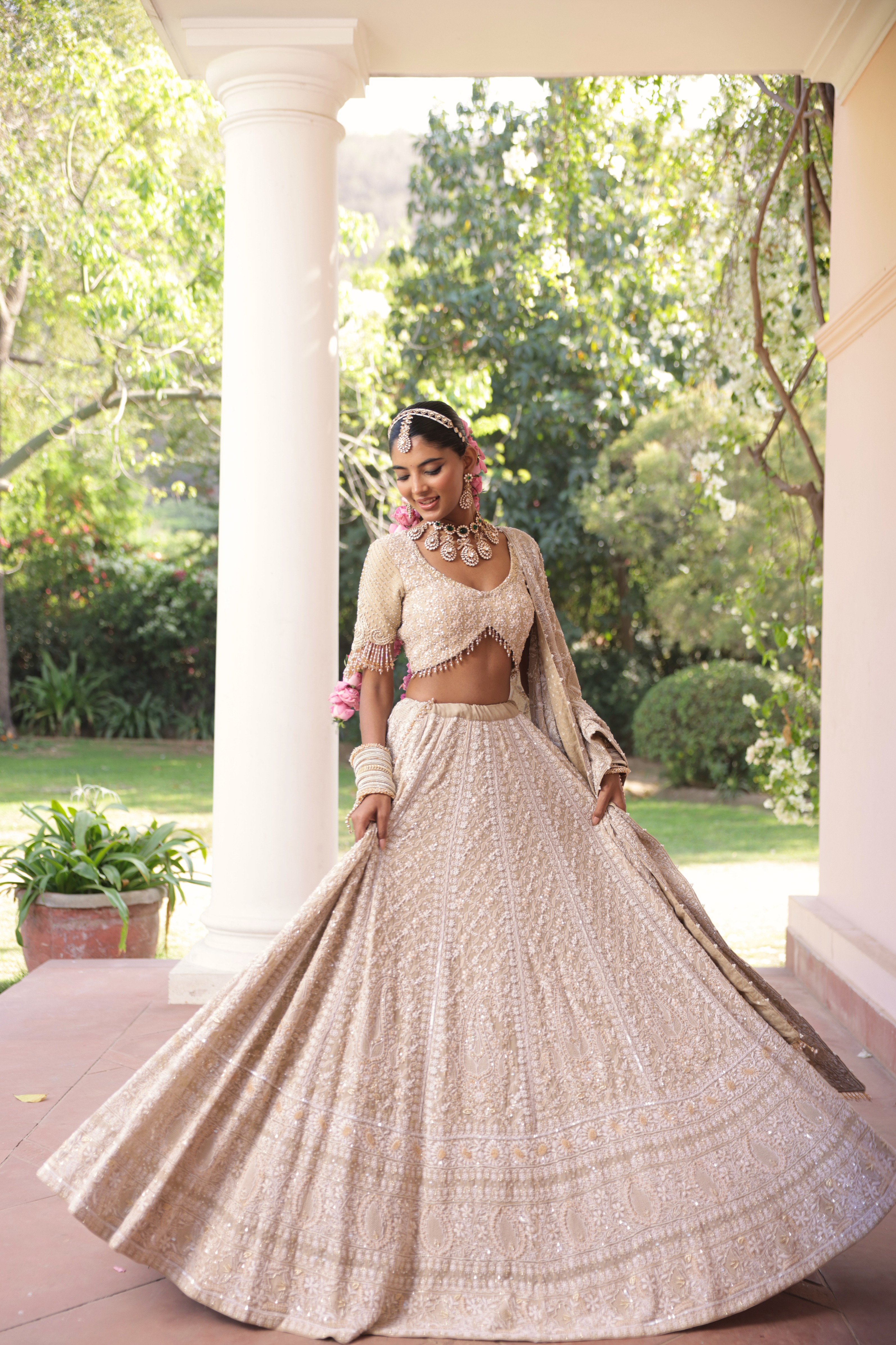 Earthy Green Pure & Premium Georgette Chikankari Lehenga Set