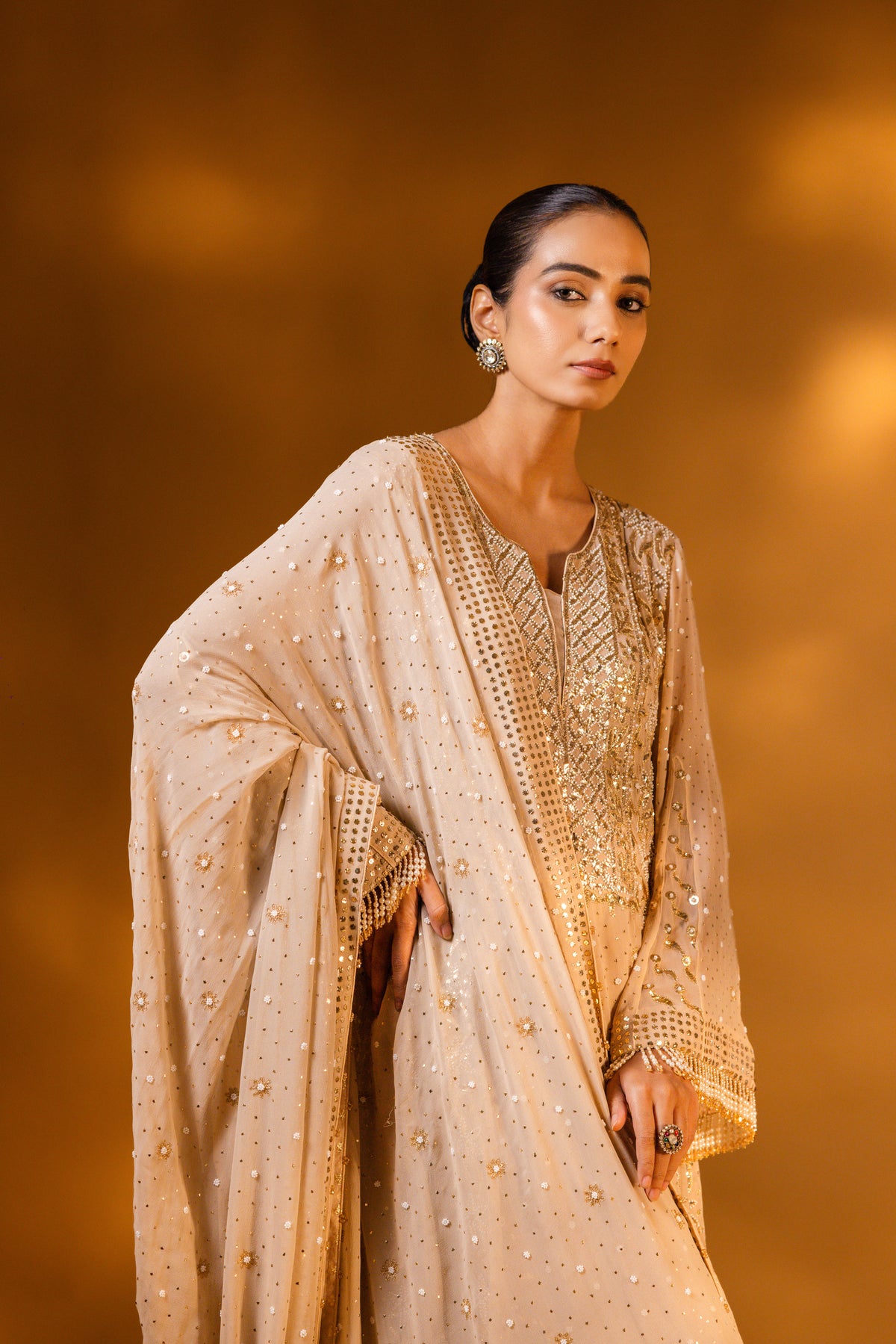 Champagne Beige Mukaish & Zardozi Anarkali Set