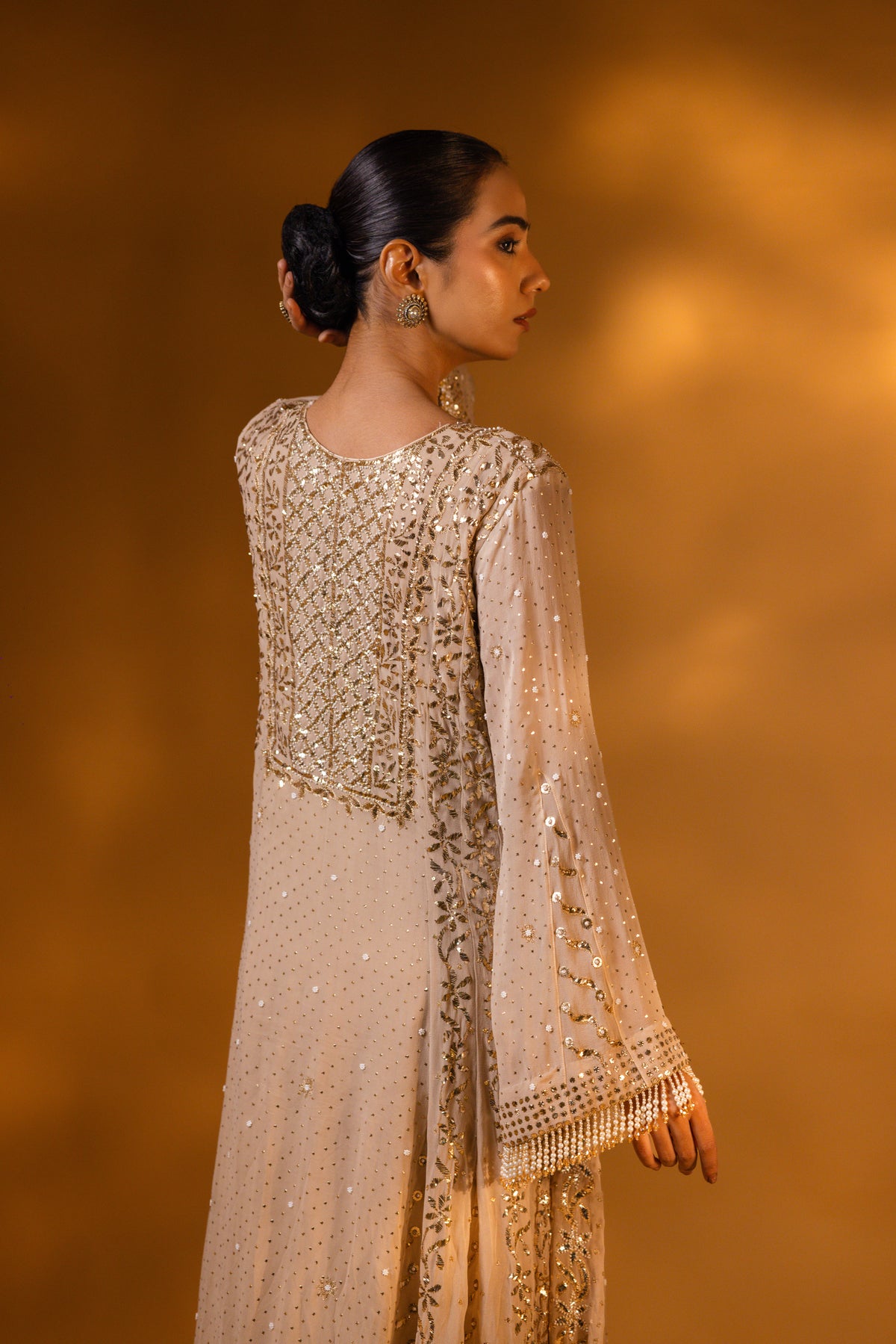 Champagne Beige Mukaish & Zardozi Anarkali Set