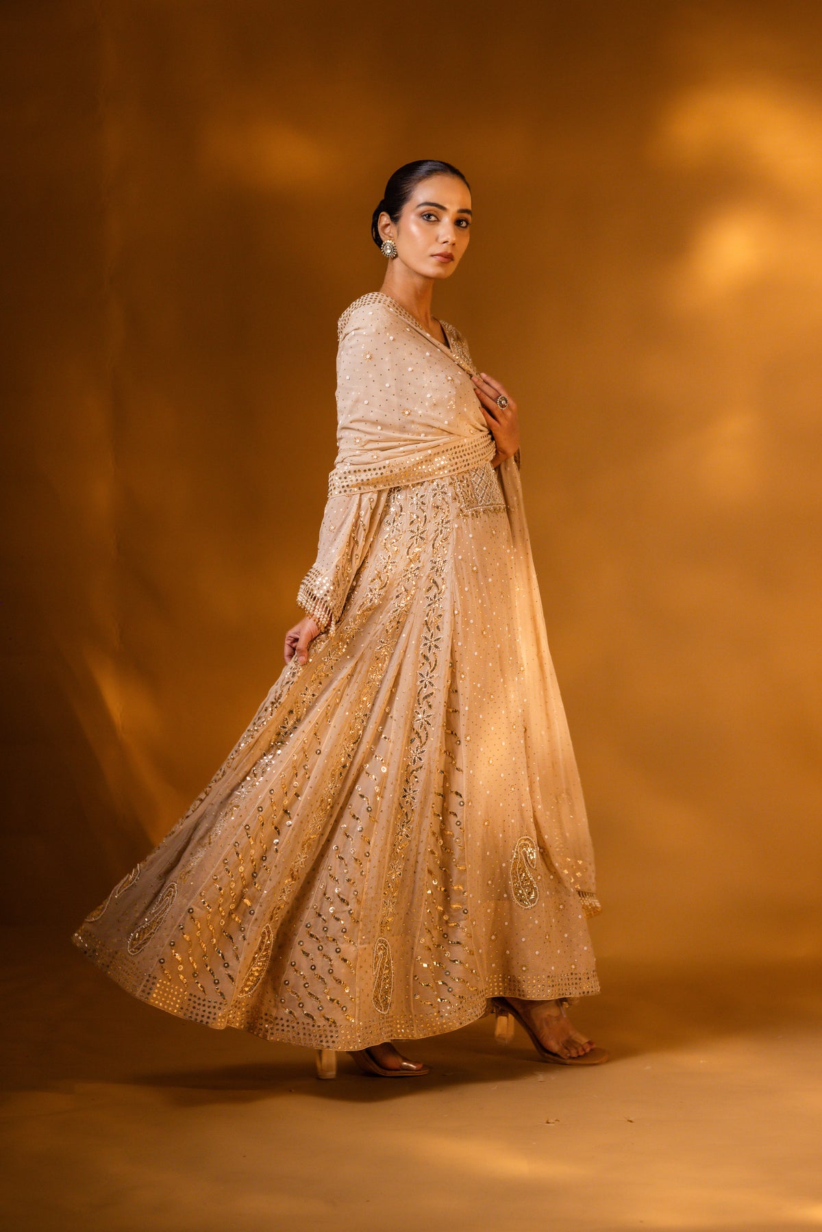 Champagne Beige Mukaish & Zardozi Anarkali Set