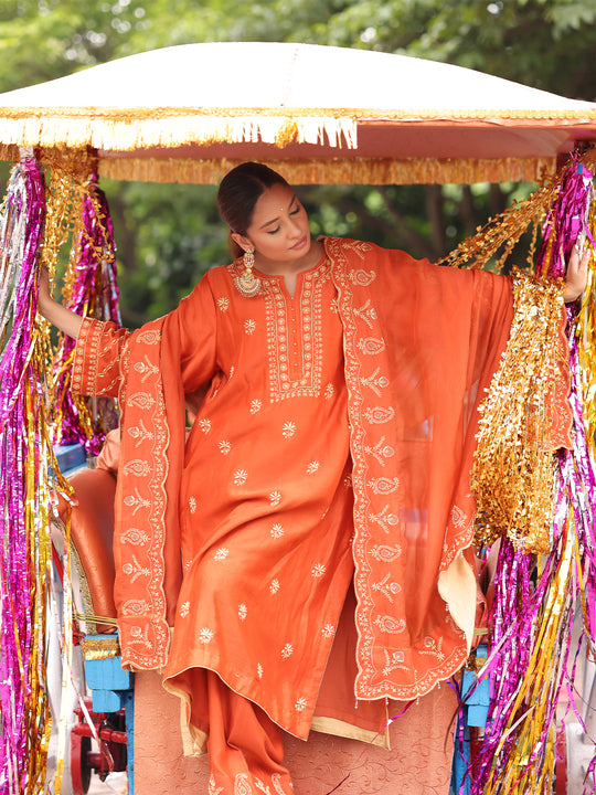 Burnt Orange Chanderi Silk Chikankari Kurta Bottom with Organza Dupatta