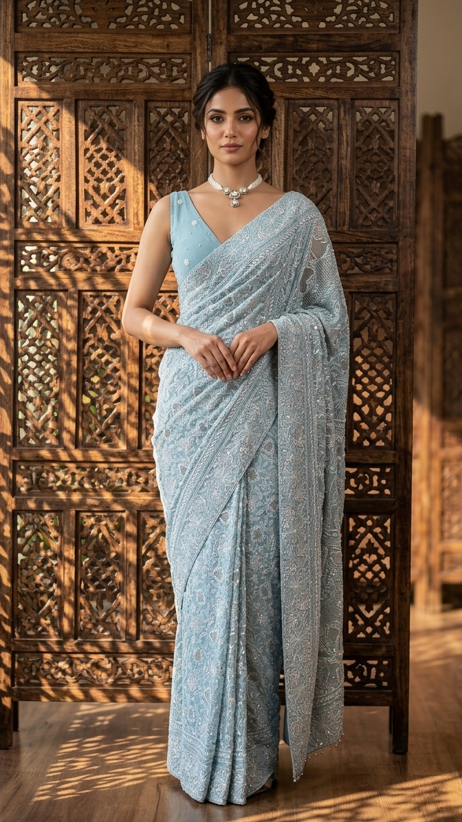 Ice-Blue Pure & Premium Georgette Chikankari Saree
