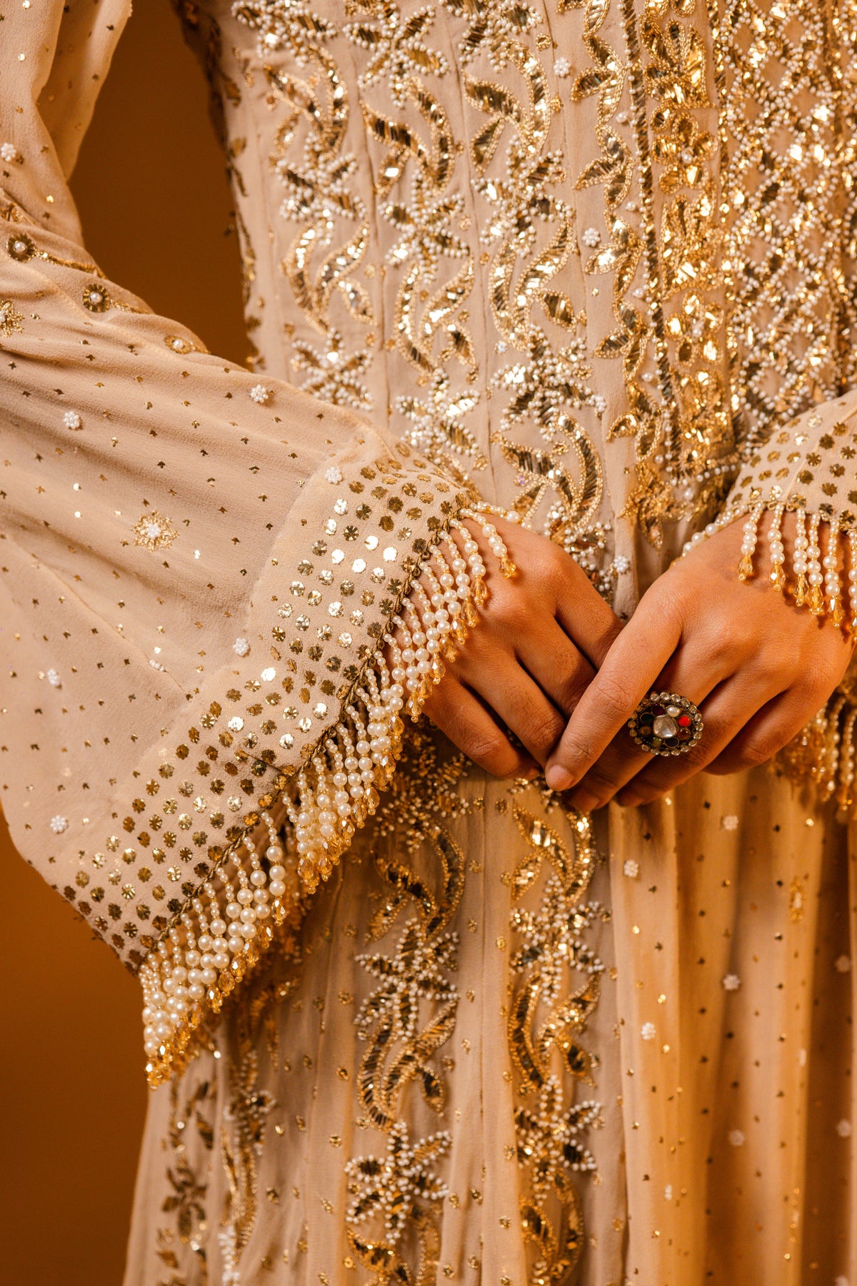 Champagne Beige Mukaish & Zardozi Anarkali Set