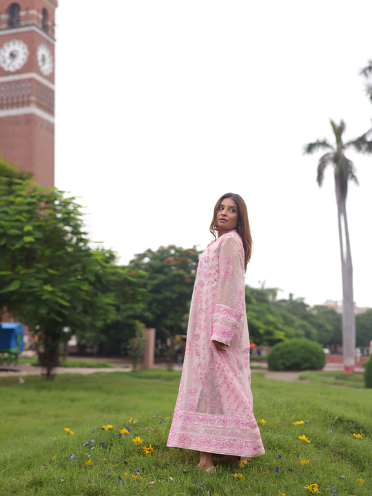 Pink Pure Organza Silk Chikankari Overlay Ensemble