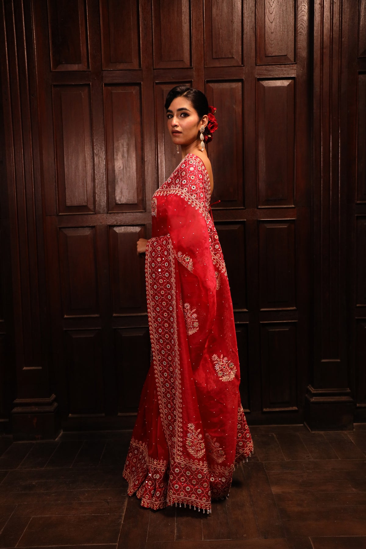 Red Organza Mirror Chikankari Saree