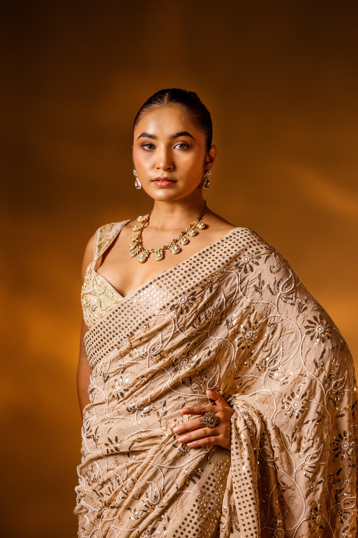 Champagne Beige Mukaish Saree