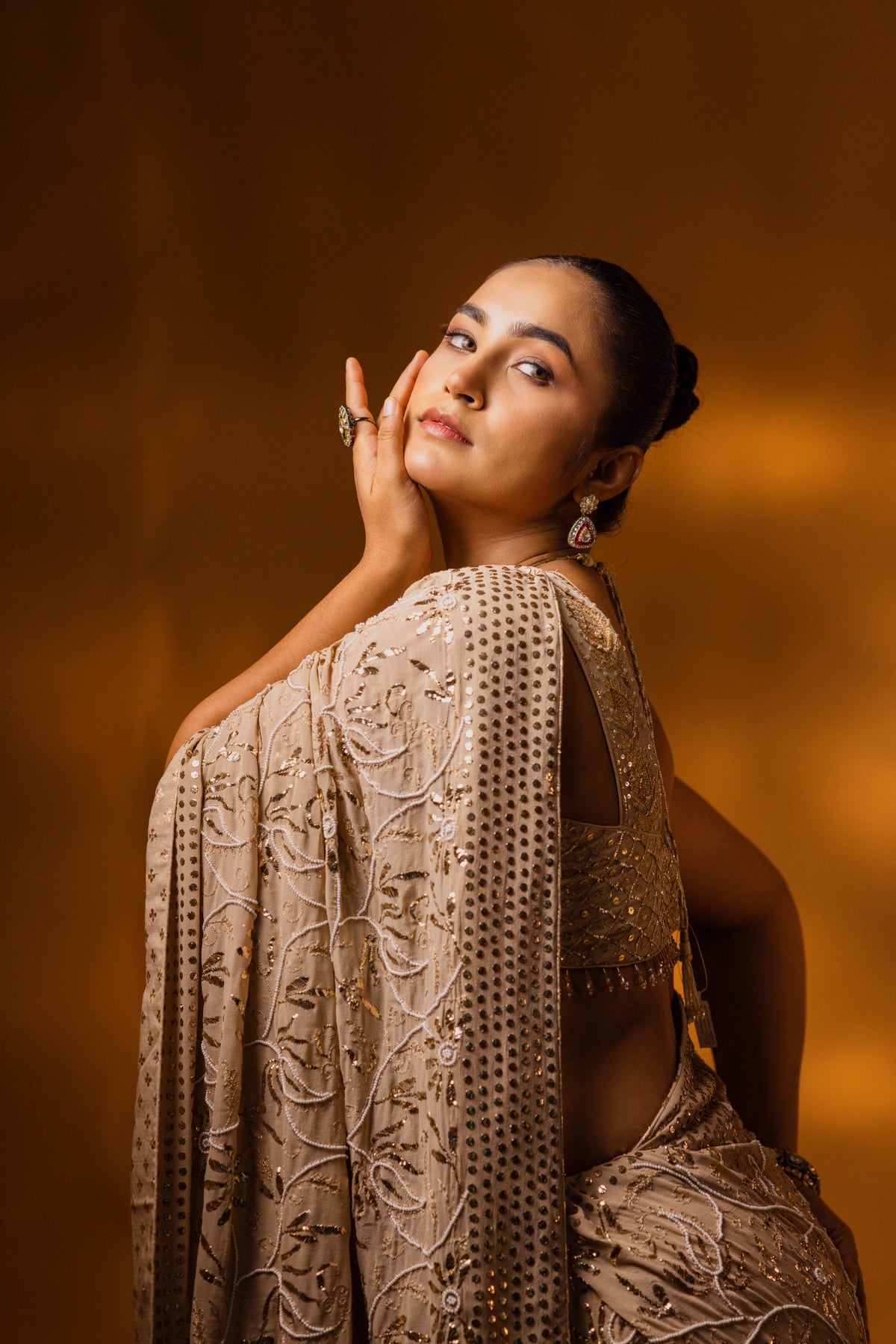 Champagne Beige Mukaish Saree