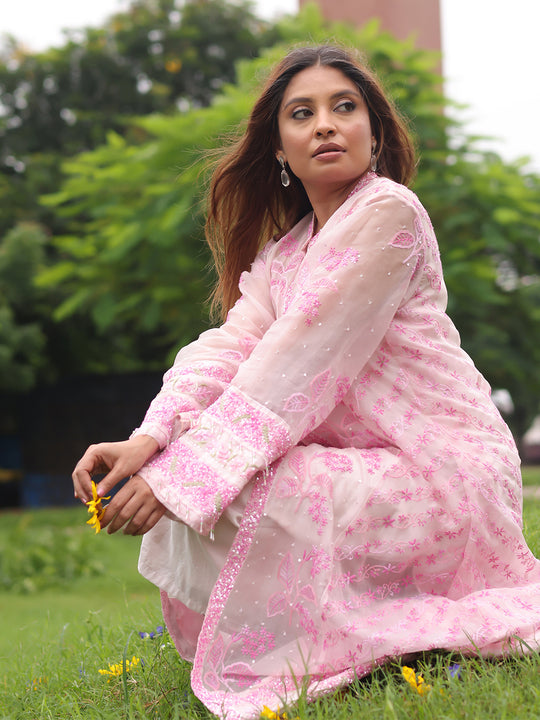 Pink Pure Organza Silk Chikankari Overlay Ensemble