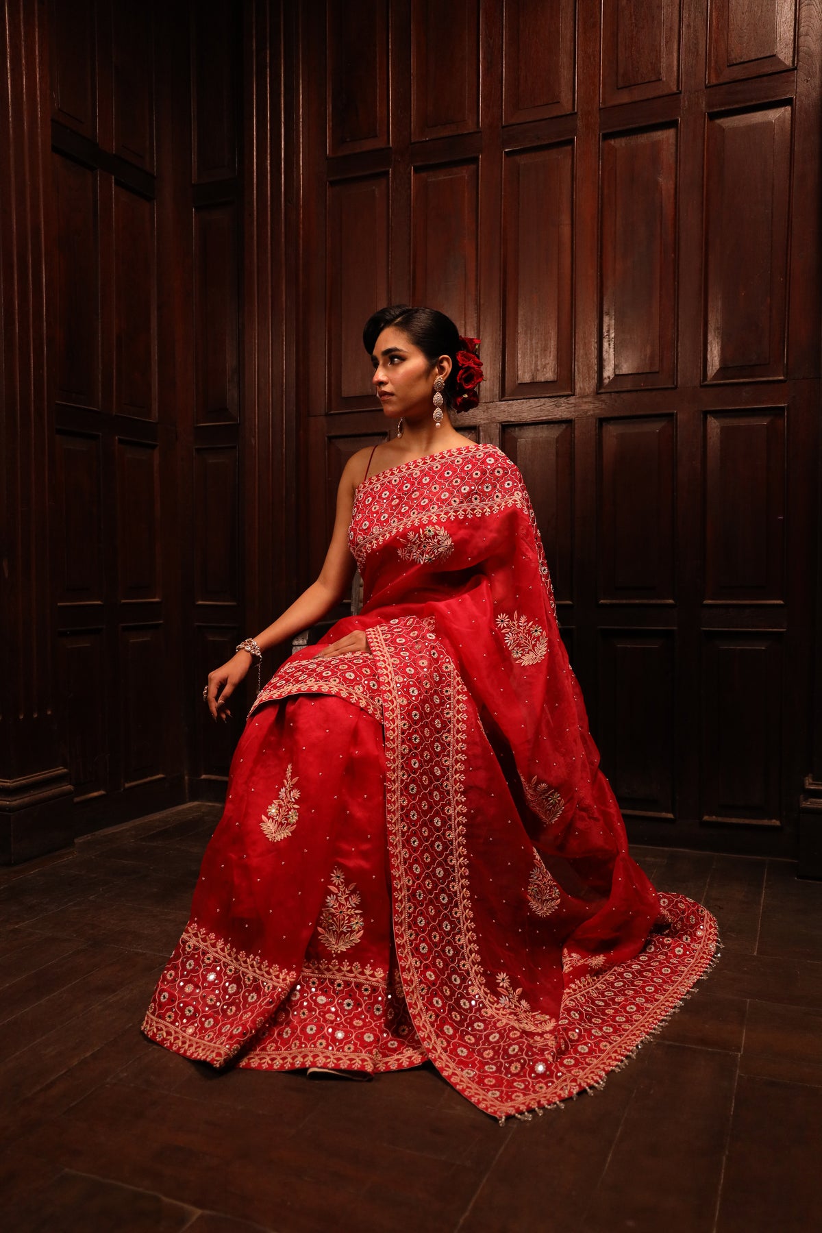 Red Organza Mirror Chikankari Saree