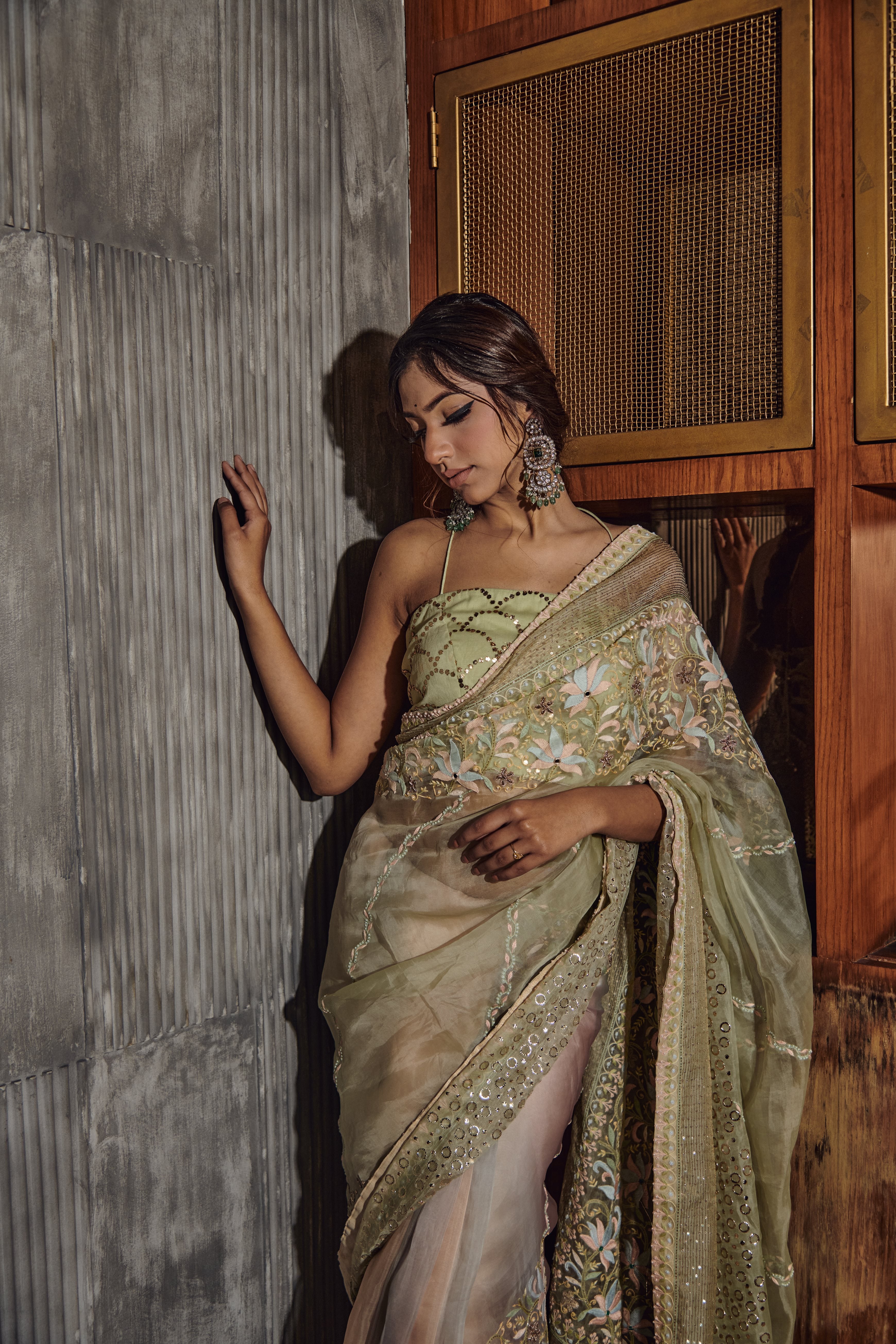 Georgette Pistachio Green Embroidered Chikankari Saree|SARV158071